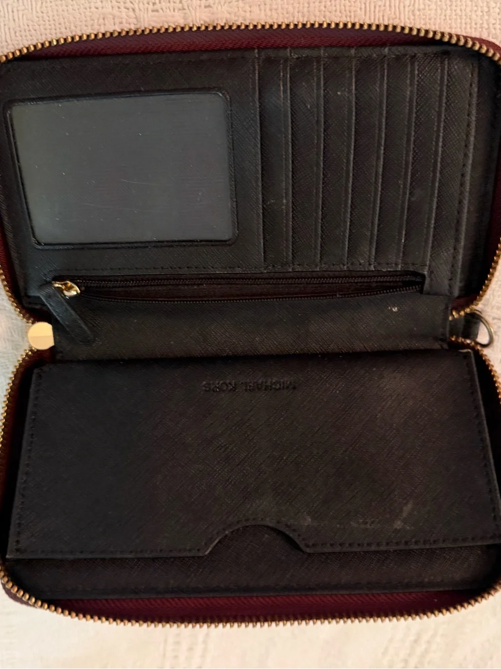 Michael Kors Wine Saffiano Leather Wallet with Gold Logo
